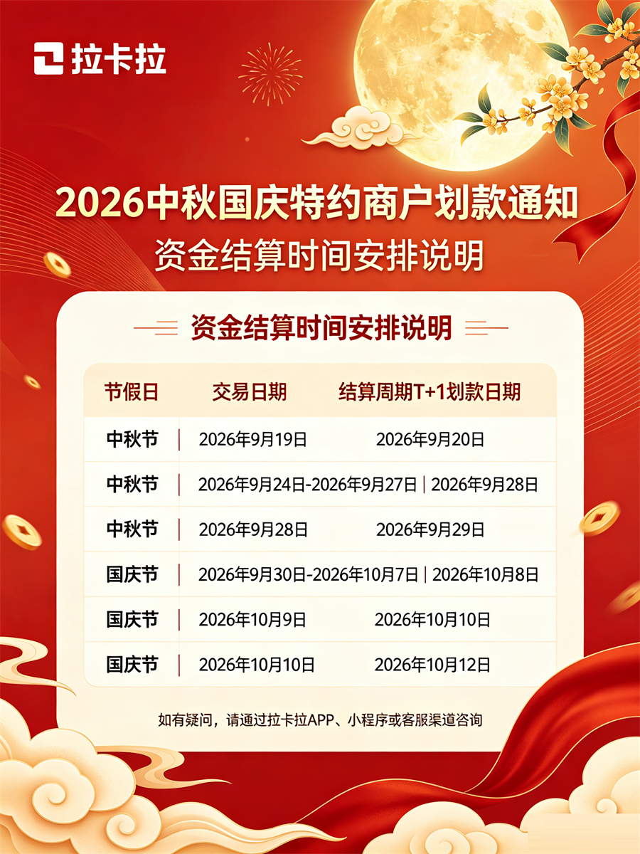 拉卡拉2026中秋国庆划款通知：T+1到账表及收款须知