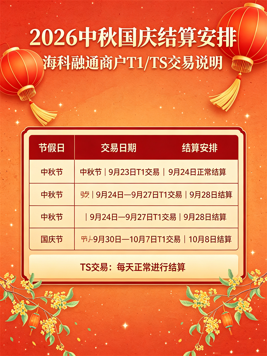 2026双节海科融通POS商户T+1划款时间公告
